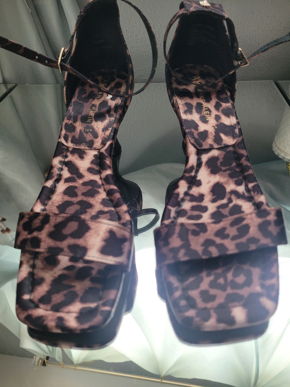 Satin Leopard Print Ankle-Strap Women’s Sandals - Brown